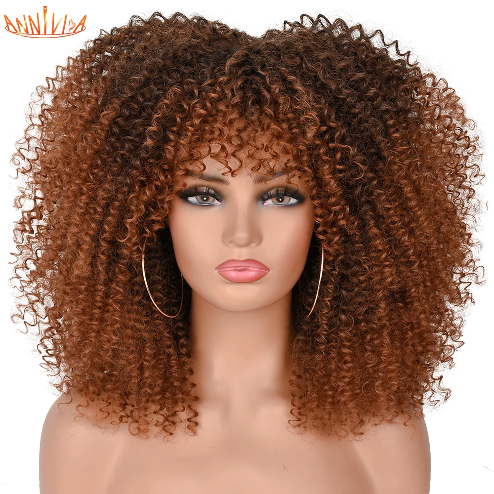 

16" Short Hair Afro Kinky Curly Wig With Bangs For Black Women African Synthetic Ombre Glueless Cosplay Natural Brown Blonde Wig
