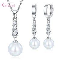 925 sterling silver cubic zirconia pearl dangle earring pendant necklace jewelry sets for women girl fashion trendy jewellry