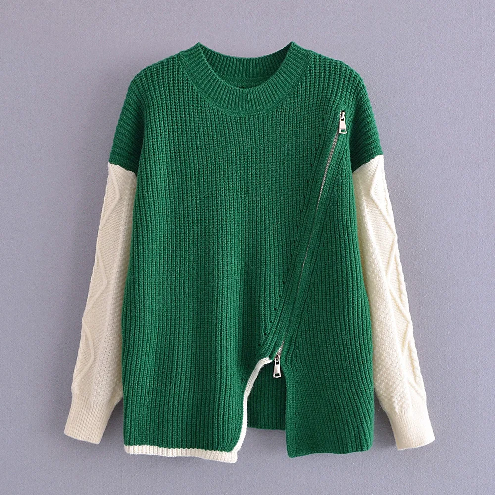 

2021 осень зима модные повседневные Асимметричные пуловеры на молнии в стиле пэчворк зеленый вязаный свитер для женщин