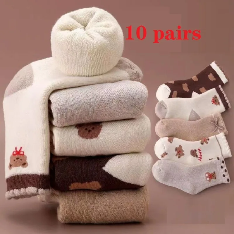 

10 Lot Winter Baby Socks Cute Thicken Warm Kids Cartoon Sock Girls Middle Tube Plus Velvet Female Casual Solid Color Thick Women
