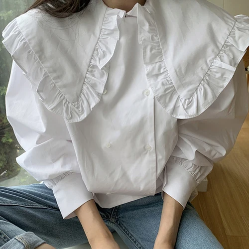 

Women Blouse Vintage Turn-down Collar Lantern Long Sleeve Blusas Femme 2021Spring Summer Double Breasted Shirt Tops FS235