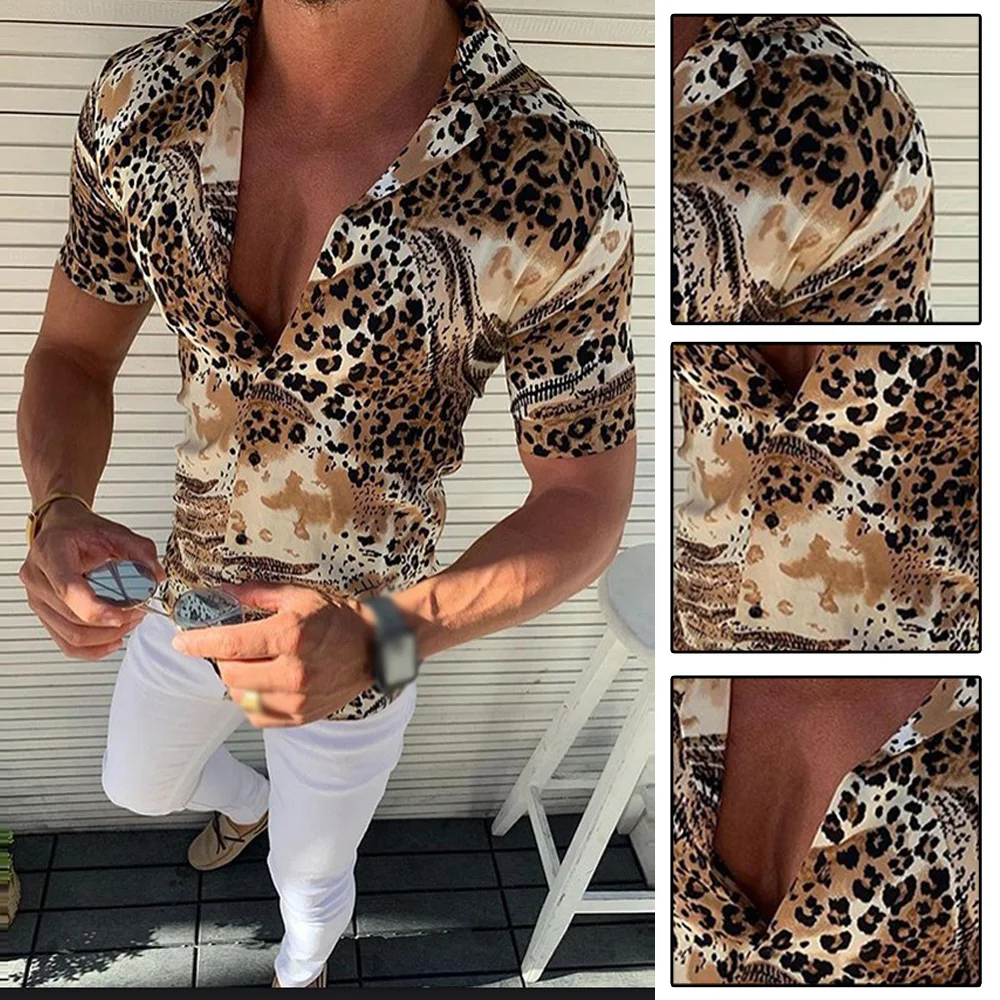 Мужские Топы повседневные тонкие леопардовые принты с отворотом коротким