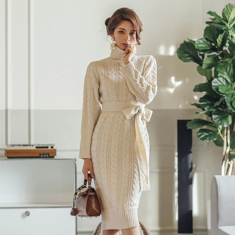Autumn Winter Dress Vintage Women's thickening Knit Casual Long Bodycon Turtleneck Knitted Sweater Spring 2019 | Женская одежда