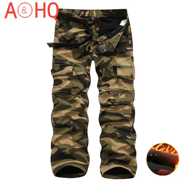 

Fleece Warm Winter Trousers Camo Camouflage Mens Cargo Pants Many Pockets Casual Overalls Loose Men's Clothes Military
