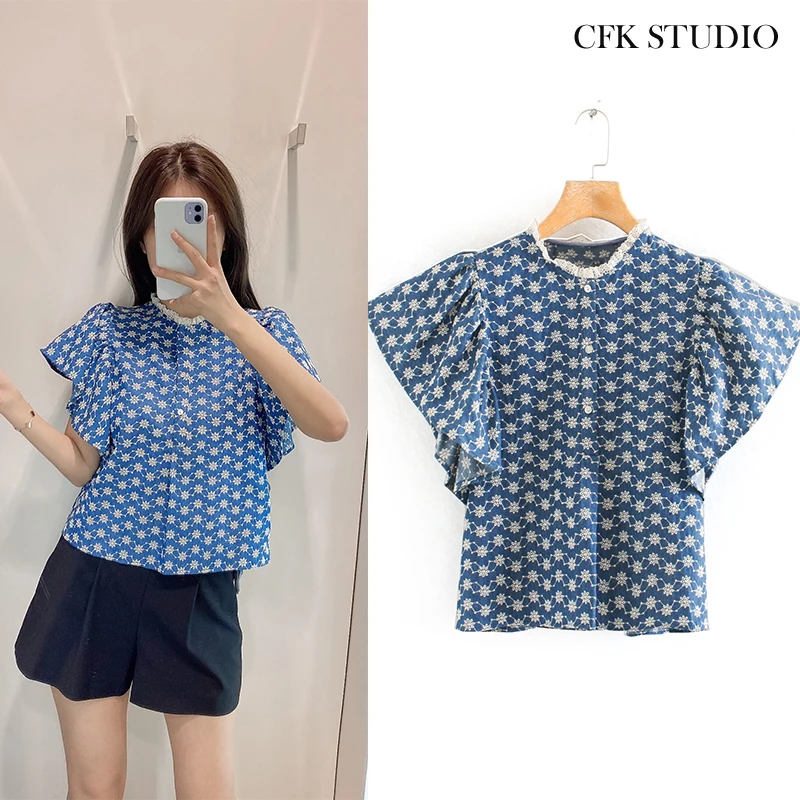 Женская футболка с оборками Za синяя укороченная цветочным принтом | одежда