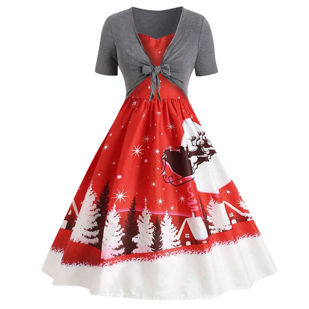 Autumn Elegant high waist dresses Christmas Printed Dress For Women Vintage Short Sleeve Bow Knot A-Line Swing Dress Suit