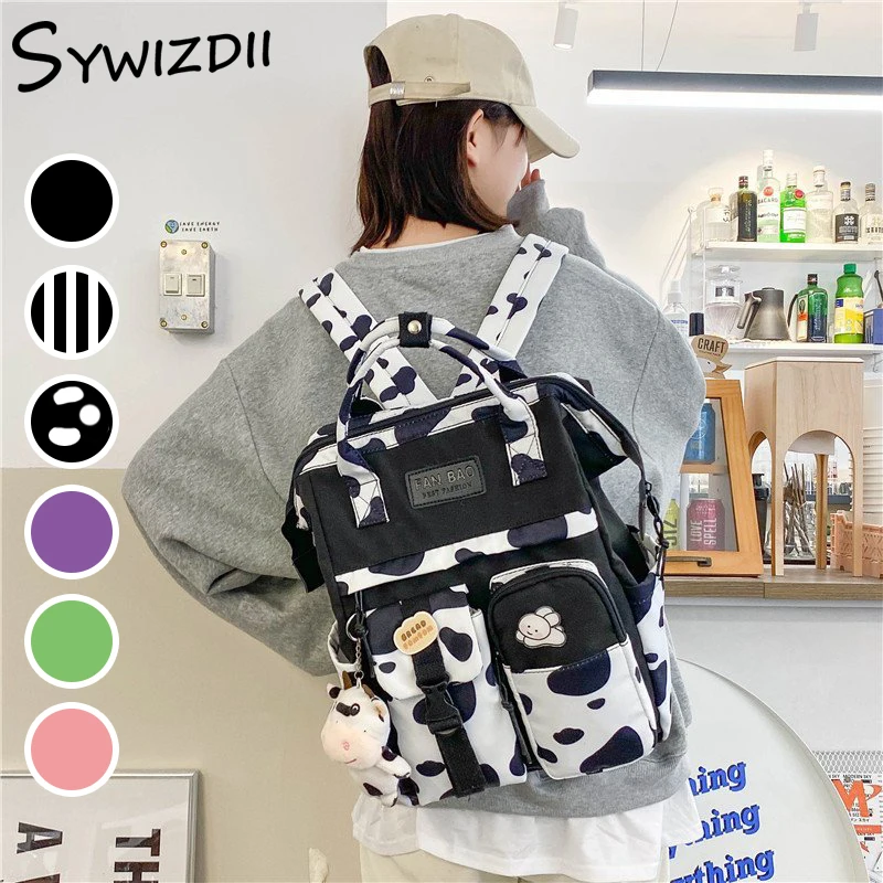 

Модные женские рюкзаки SYWIZDII, дорожные сумки из коровьей кожи для девочек-подростков, повседневный милый рюкзак, школьный нейлоновый вмести...