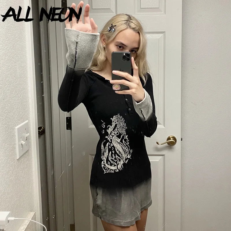 

ALLNeon Mall Goth Y2K Dragon Print Patchwork Long Sleeve Dresses Grunge Aesthetics E-girl Hooded Ribbed Mini Dress Black Slim