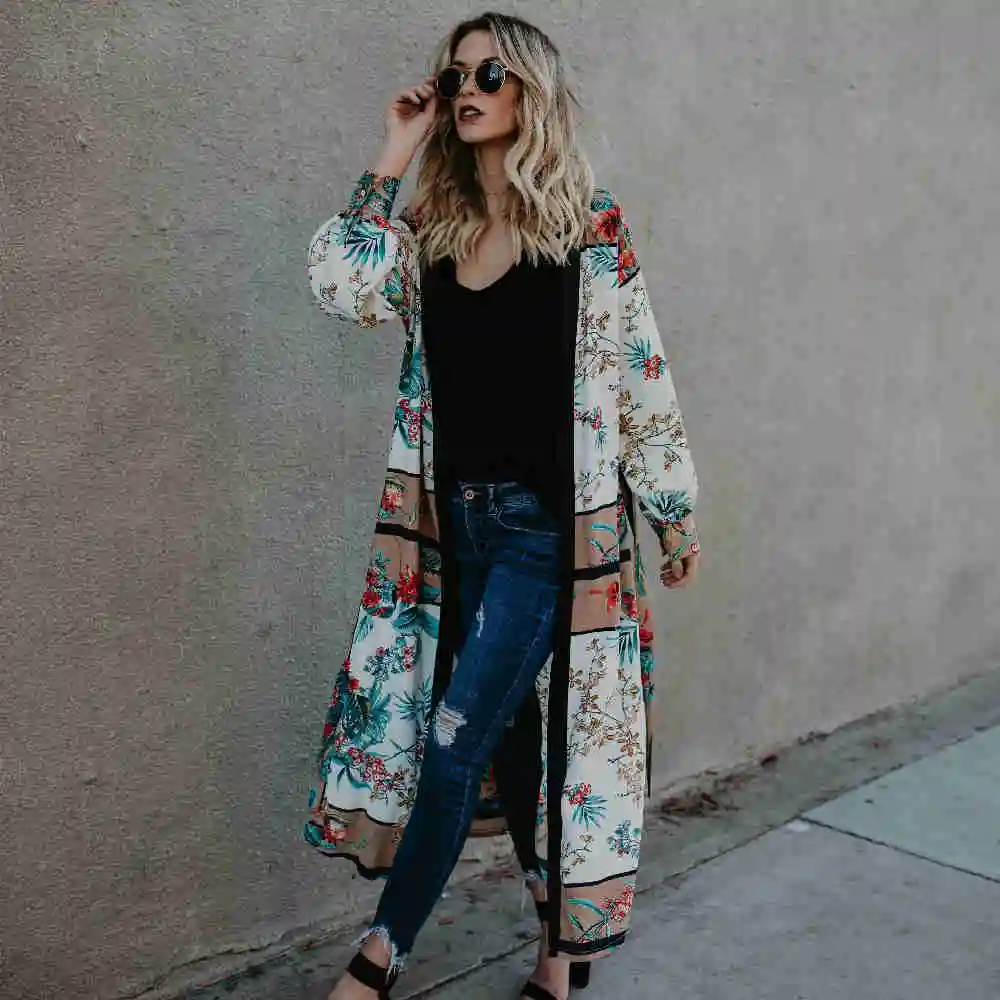 Накидки для бикини с принтом в стиле бохо длинное кимоно поясом кардиган белая