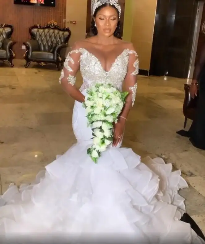 

Женское свадебное платье с юбкой годе, розовое платье из органзы с глубоким круглым вырезом и рукавом 3/4, с бусинами и блестками, платье неве...