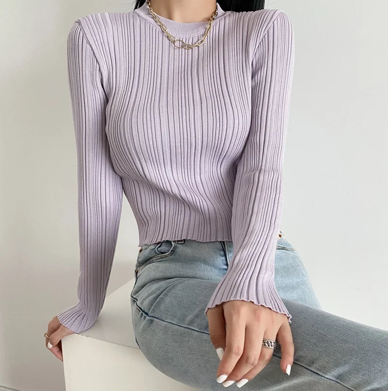 

ZXQJ Women 2021 Fashion Basic Oversized Cropped Knitted Sweater Vintage O-Neck Long Sleeve Female Pullovers Chic Tops