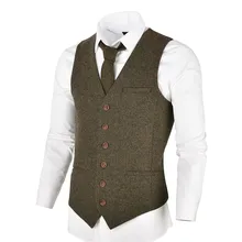 Gilet en laine Tweed pour hommes, gilet de costume Slim ajusté à chevrons, boutonnage simple, 007  (3)