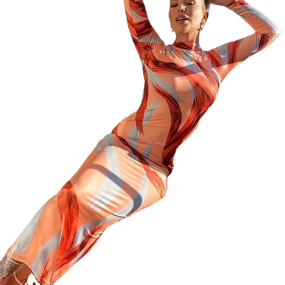 

Cover Swimwear Women Sexy Beach Wear Robe Up Tied 2021 Couture Dress Long Sleeve Skirt Print Polyester Beachwear For Clothing