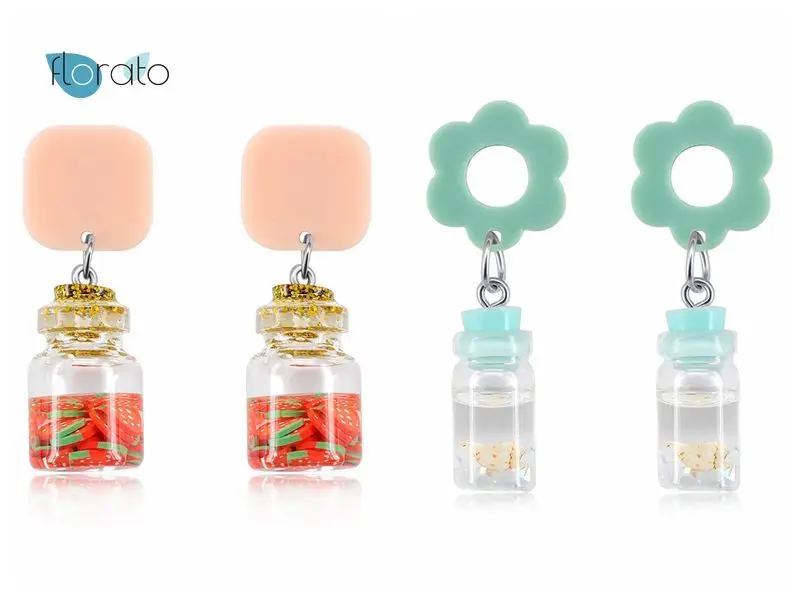 

925 Sterling Silver Ear Needle Strawberry Sea Shell Earrings For Women Trendy Glass Bottle Dangle Earrings Summer Beach Jewelry