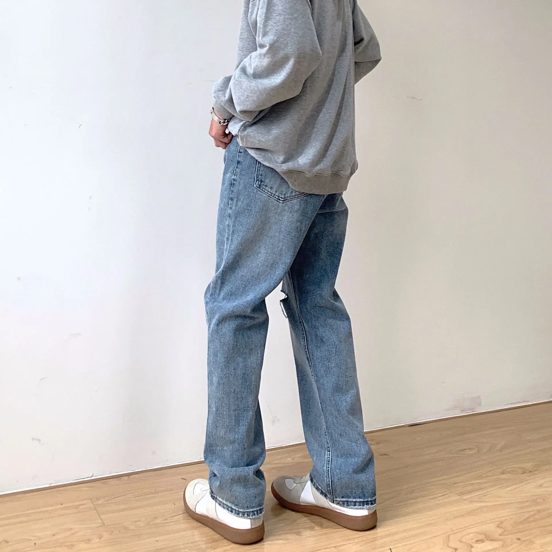 High Quality Cut Denim Men's Ripped Baggy Jeans Korean Style Straight Loose Dad Ripped Trousers Holes Cotton Male Denim Jeans