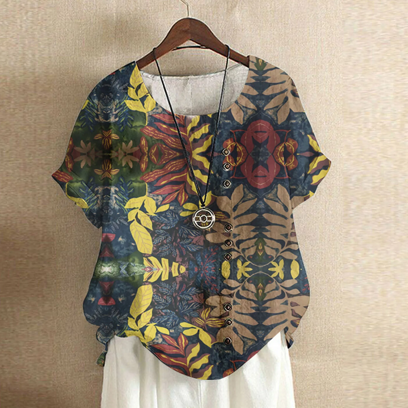 

Summer Floral Print Blouse Short Sleeve Linen Top Woman Casual Animals Patterned Shirt Female Tops