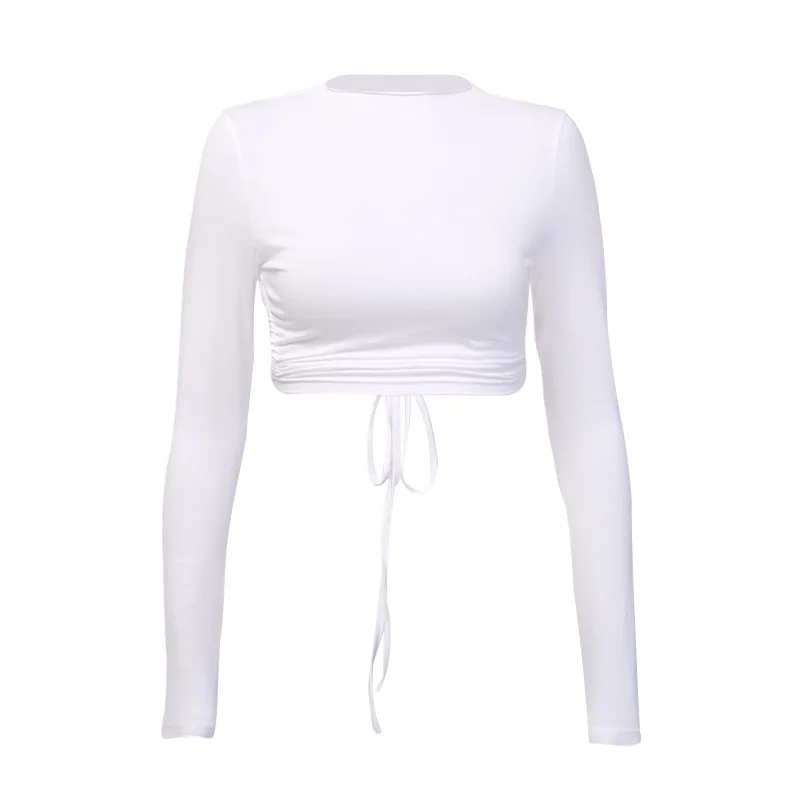 

Women Cotton Lace Up Top 2021 Fashion Backless Sexy Bandage Shirts Lady Casual Solid Color Autumn Skinny Party Tee Tops