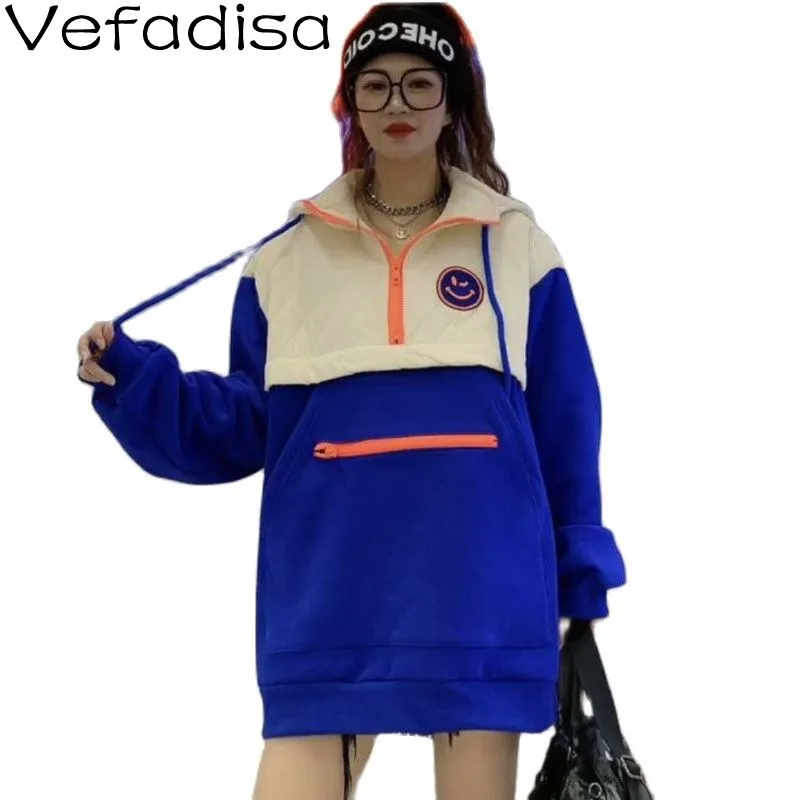 

Vefadisa Printed Contrast Hooded Pullover Sweatshirt 2022 Spring New Loose Large Size Mid-length Sweatshirt TT661