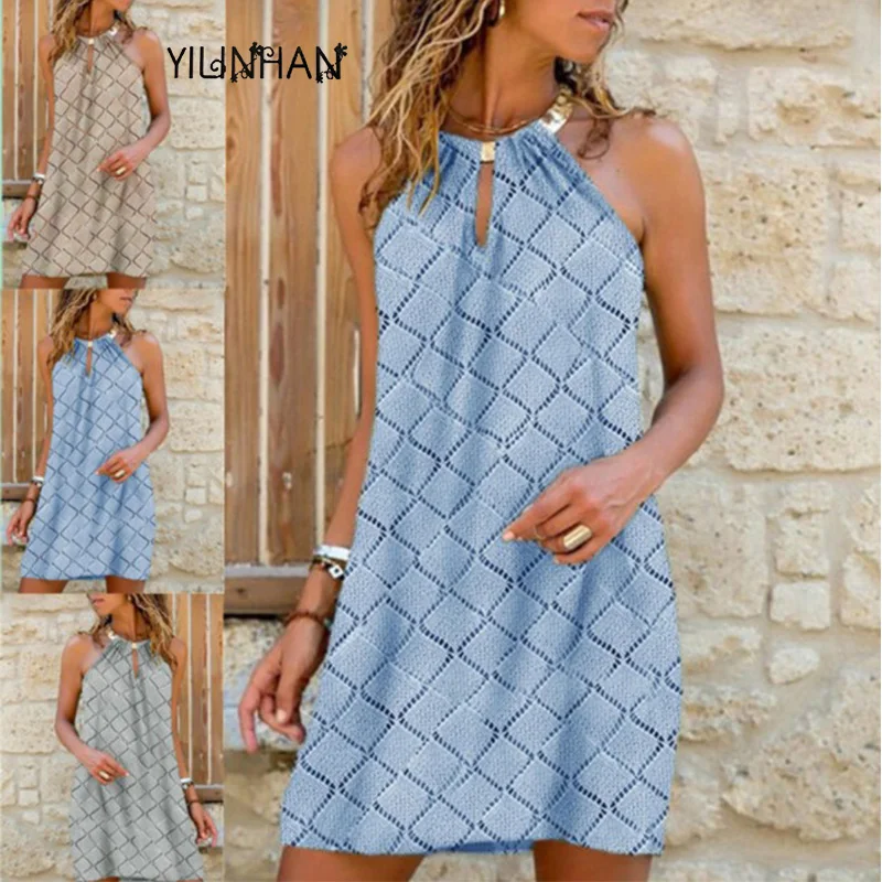 

YILINHAN Women Summer Loose Causal Halter Cutout Front Sleeveless Dress Mini Dress