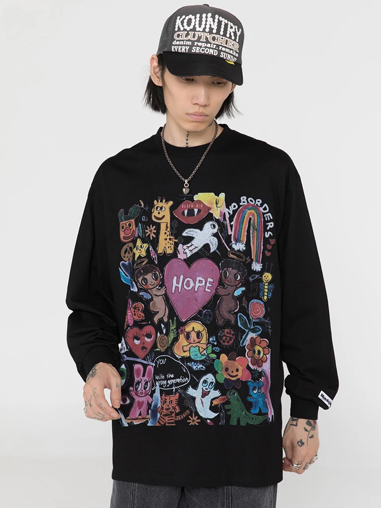 

Футболка мужская оверсайз с принтом, уличная одежда в стиле хип-хоп, хлопковая рубашка в стиле Харадзюку с длинными рукавами и графическим п...