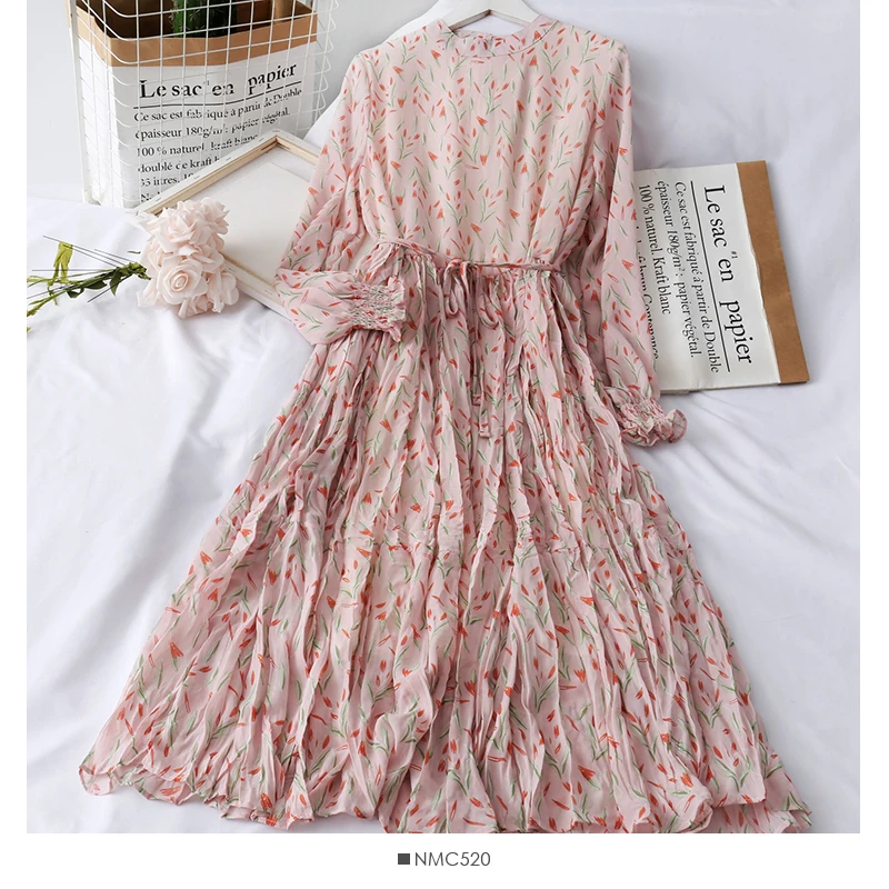 Элегантное шифоновое ретро платье с цветочным принтом и шнуровкой в Корейском