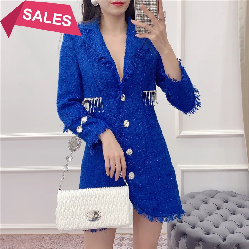 

winter new Korean version net red same temperament ice blue rough edge Rhinestone tassel copper button suit tweed jacket