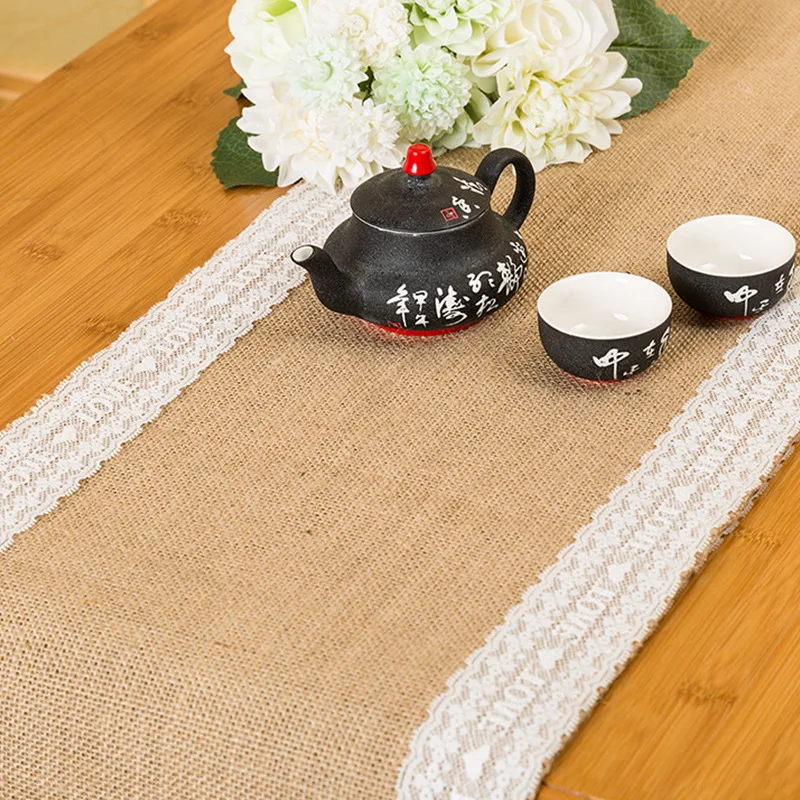 

2.75meters 30cm Wide Natural Burlap Table Runner with Lace Party Wedding Decor Rustic Shabby