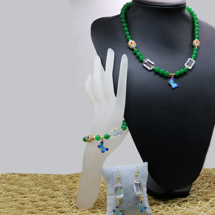 

8mm natural stone green chalcedony jades round beads strand bracelets necklace earrings women elegant jewelry set 18"/7.5"B2928