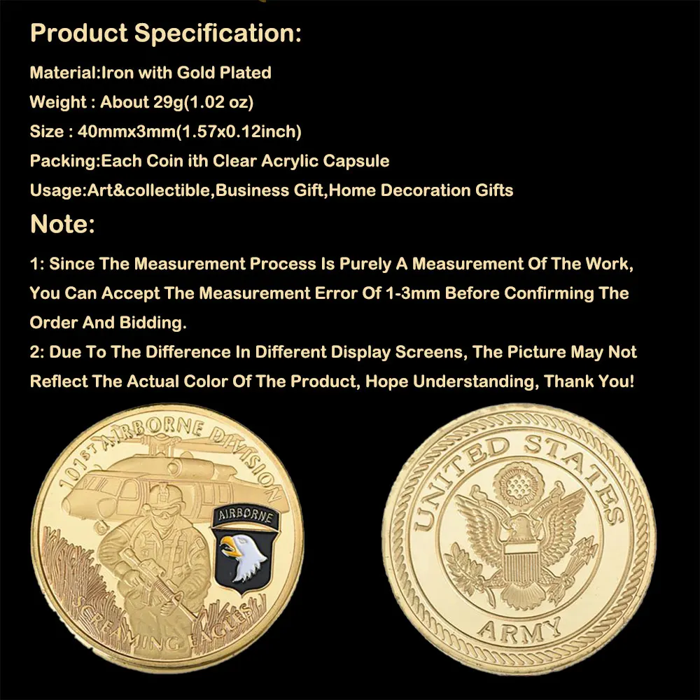 

Gold Plated 101st Airborne Division Screaming Eagles United States Army Challenge Coin Usa Souvenirs Collectible Coins Medal