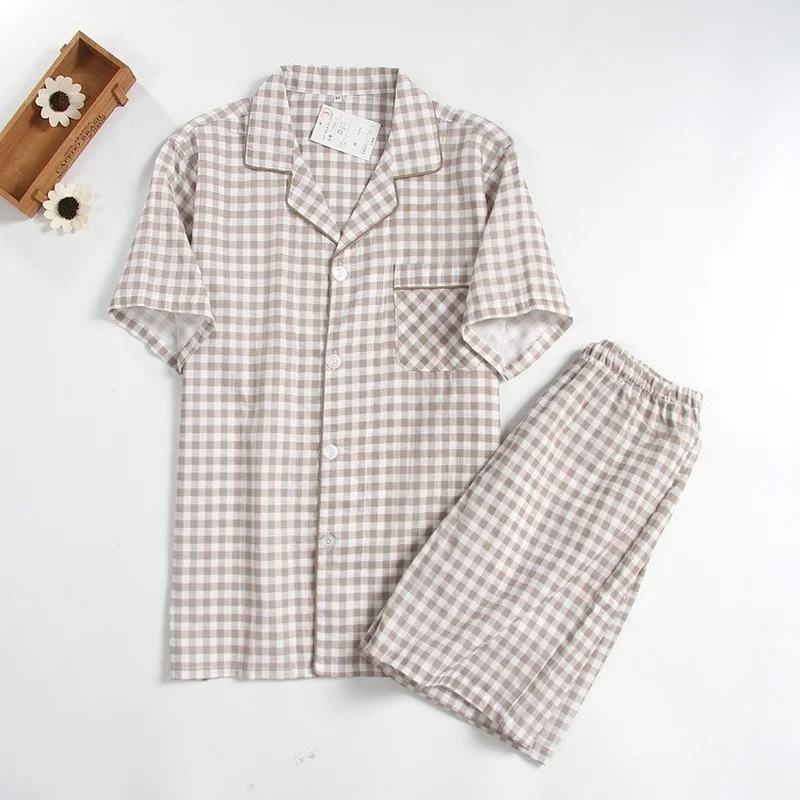 

Men's Short-sleeved Summer Cotton Yarn Nightwear Plaid Turn-down Collar Men Pajama Sets Shorts Pijama Pajamas Sleeping Suits