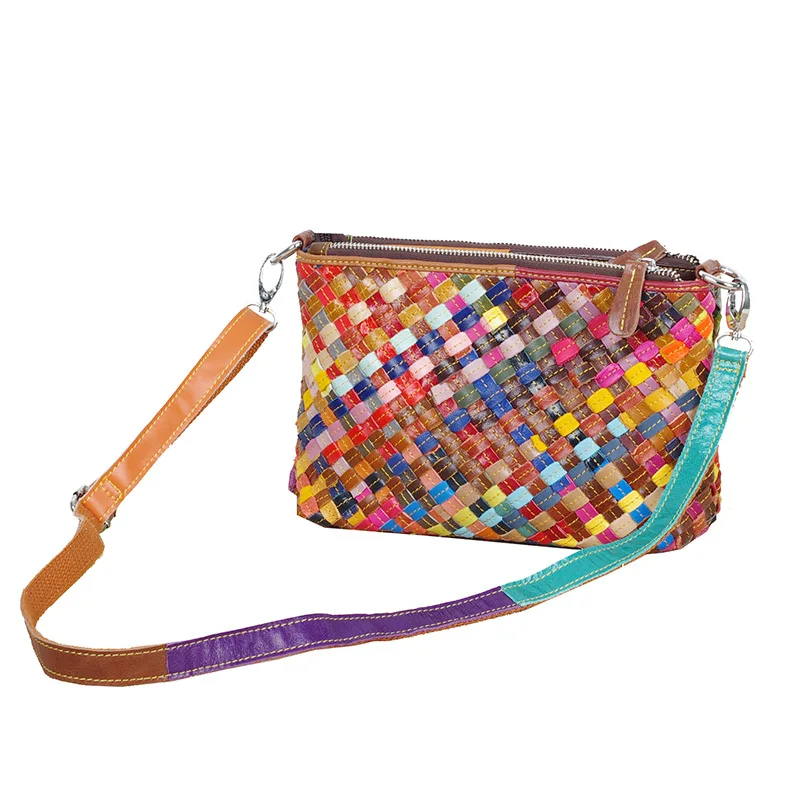 

Sheepskin Woven Women's Single Shoulder Bag Stripe Colorful Messenger Bag Small Bag Genuine Leather Knitting
