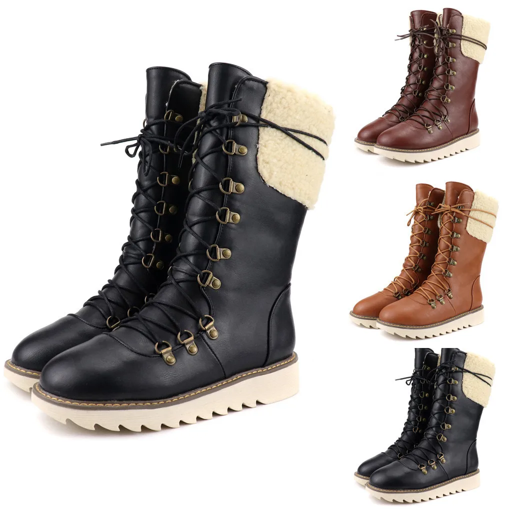 

2019 New Fashion Women's PU Boots Women Snow Boots Flat Elastic band Winter Plus Size Platform Ladies Warm Shoes Female89