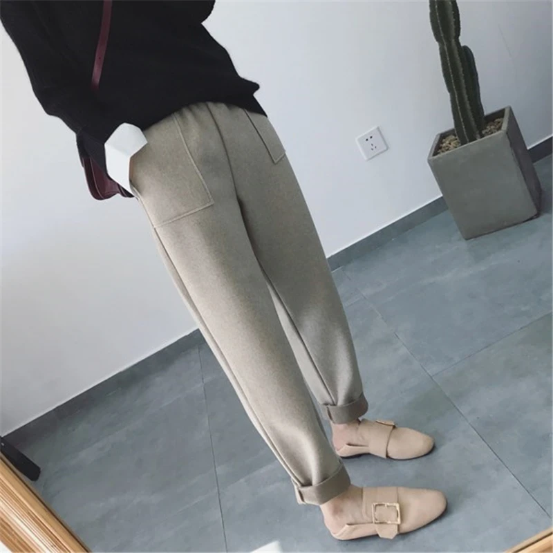 BGTEEVER Autumn Winter Thicken Pants Women Elastic Waist Pockets Woolen Female Pencil Pant Elegant Warm Trousers femme