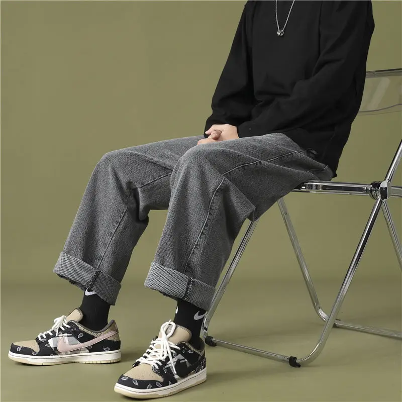Korean Wide-leg Jeans Men's Fashion Casual Jeans Men Streetwear Spring Loose Hip-hop Straight Denim Trousers Mens M-2XL