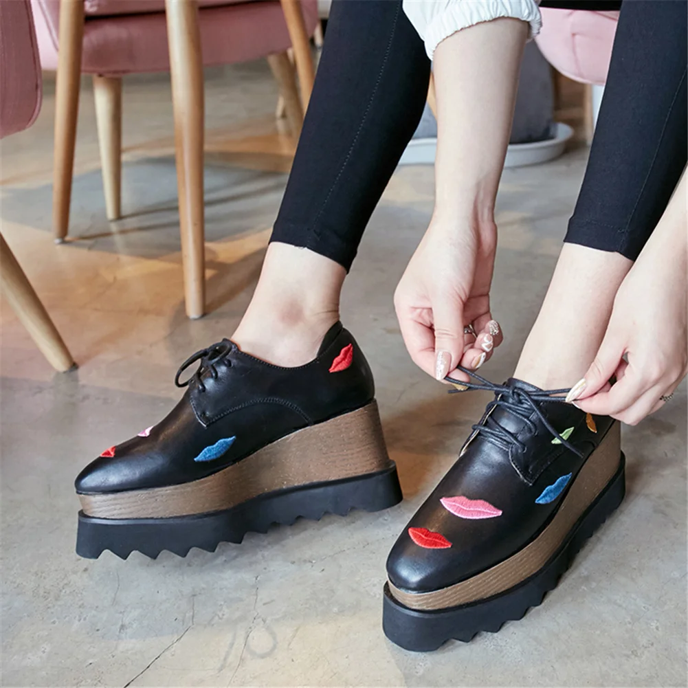 

2021 Brand New Genuine Leather Shoelaces Platform Flats Gothic Style Cool Spring Summer Casual Shoes Woman