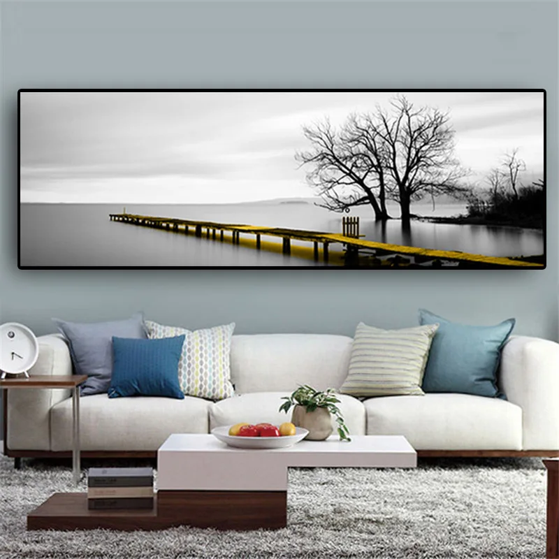 

Yellow Long Bridge Scene Calm Lake Surface Canvas Paintings Landscape Cuadros Posters and Prints Wall Art Pictures Home Decor