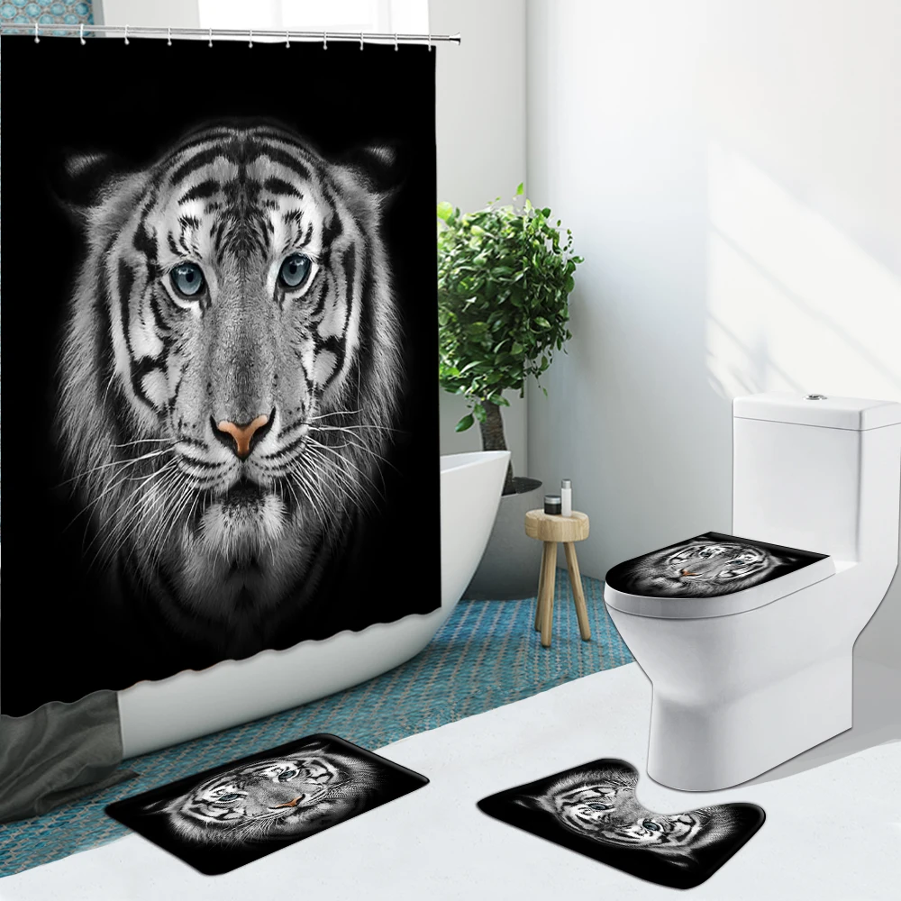 

3D Wild Animal Tiger Oil Painting Giraffe Bathroom Set Shower Curtain With Hook Fabric Non-Slip Rugs Flannel Toilet Carpet Cover