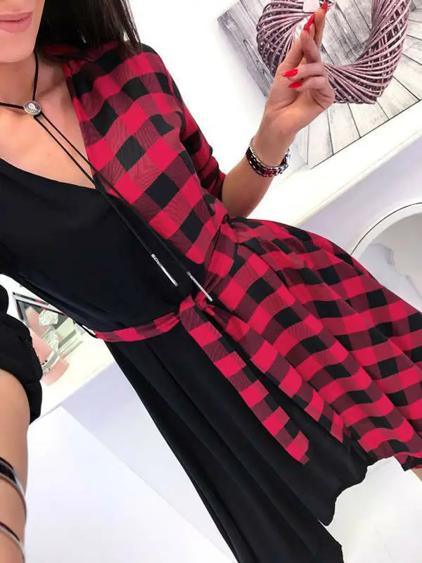 Женское платье-рубашка в клетку с длинным рукавом и v-образным вырезом | Женская