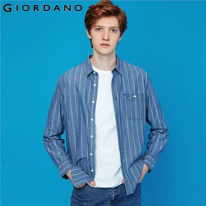 Giordano Мужская рубашка полосатые джинсовые рубашки для мужчин с длинным рукавом и