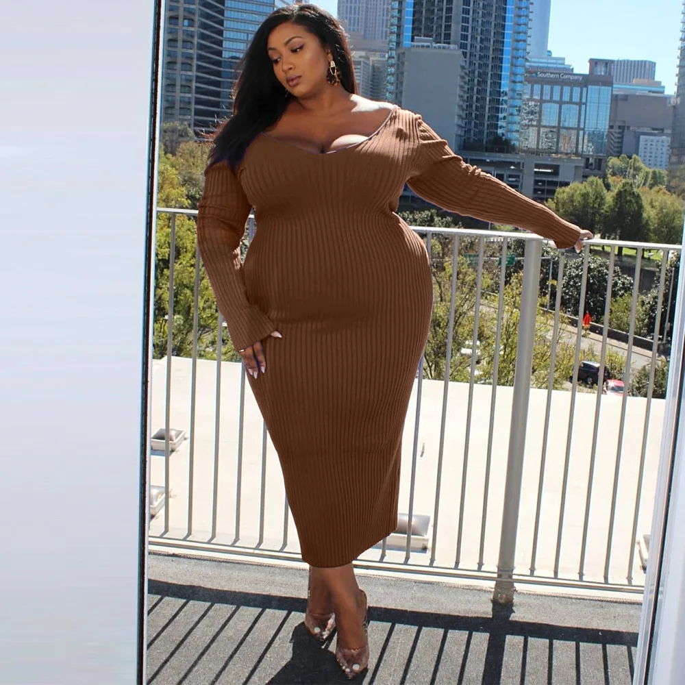 

HAOOHU Plus Size 4XL 5XL Dress Women Clothing Orange White Black Bodycon Knit Sexy V-neck Long Full Sleeve Party Dresses Outfits