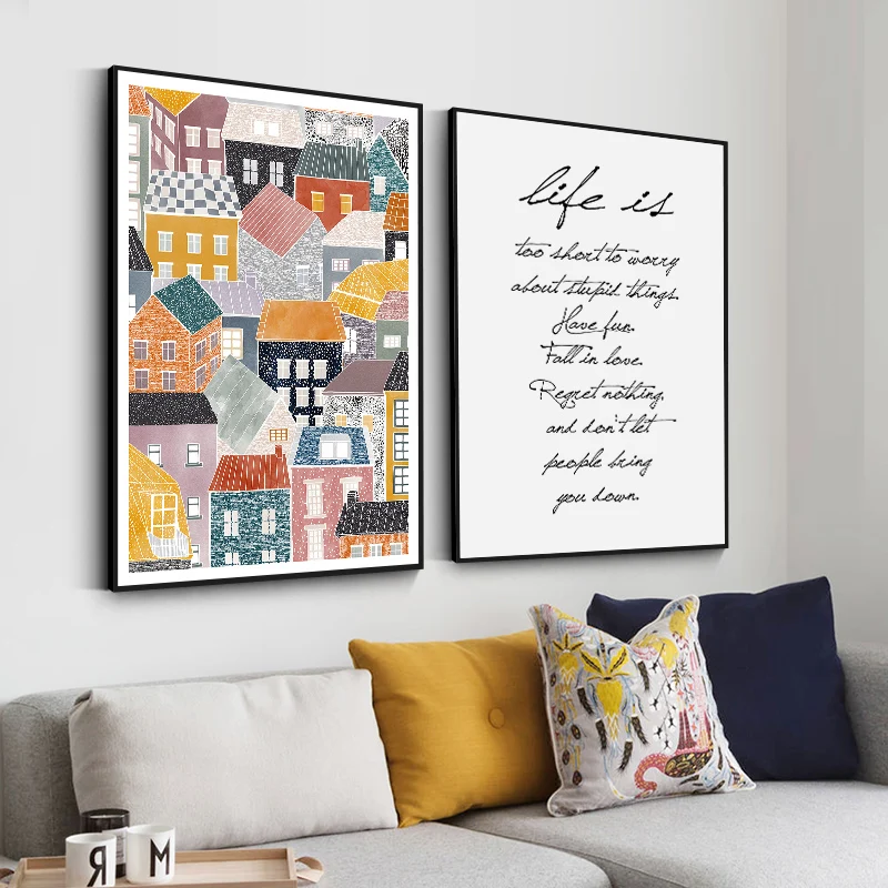 

Nordic Abstract Wall Art Poster Scandinavian Colorful House Life Quotes Canvas Art Painting Pictures for Living Room Home Decor