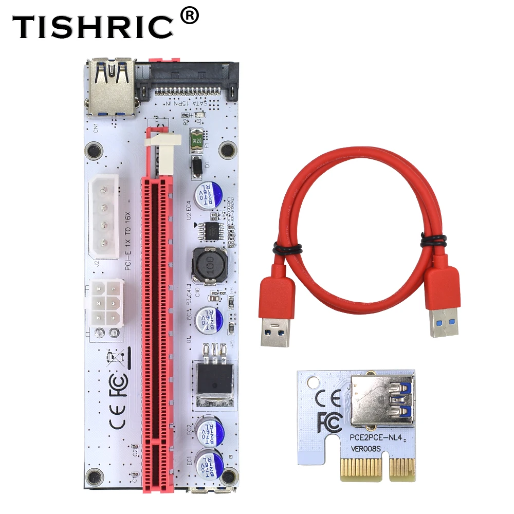 

TISHRIC PCIE Riser Card 008s VER008S 4Pin 6Pin 15Pin SATA Express 1X To 16X Adapter Extender USB3.0 Cable Mining Miner