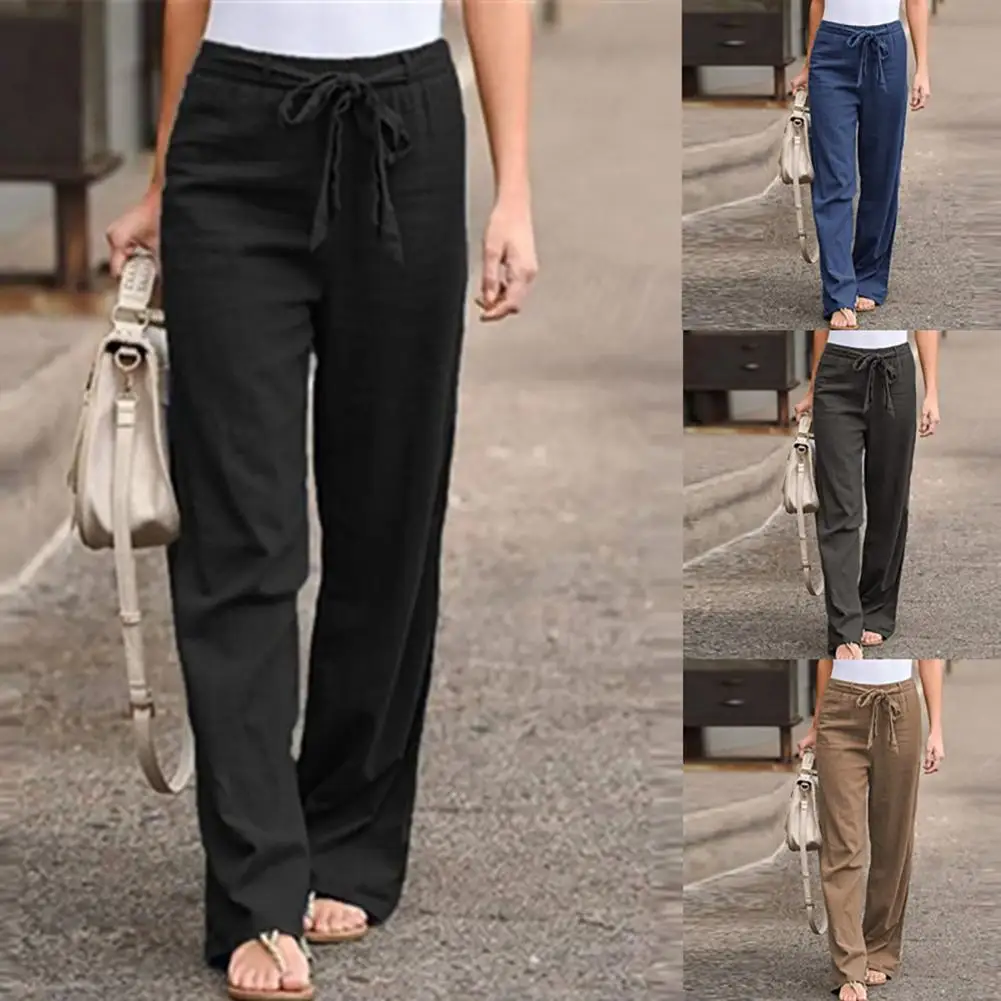

Women Casual Solid Color High Waist Belt Wide Leg Long Straight Pants Trousers