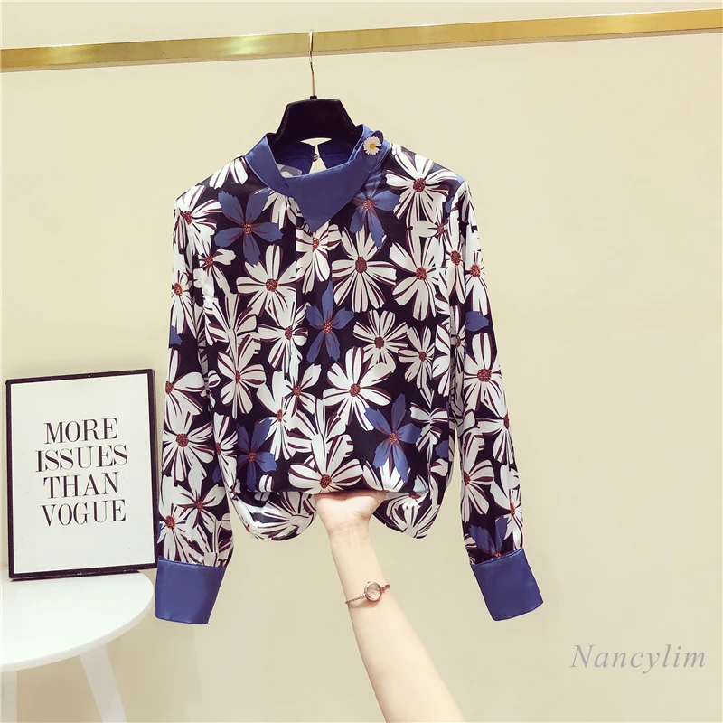Grande Taille Chemises Femmes Vintage Imprimé Floral À Manches Longues En Mousseline De Soie Chemisier 2021 printemps Automne Nouveau Bureau Dame Portefeuille Chat