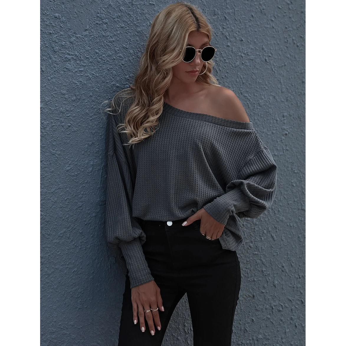 

Women's Autumn Off-The-Shoulder Sweater Pure Color Temperament Loose And Thin Oblique Collar Knitwear Gray