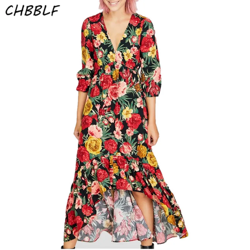 Женское платье макси с цветочным принтом v образным вырезом и длинным