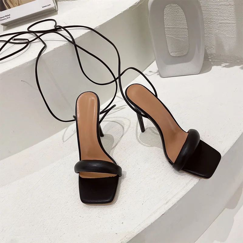 

2021 Women's Sandals High Heels Cross Strap Female Praty Shoes Pu Leather Thin Heels Solid Woman Pumps Summer Fashion Sexy New