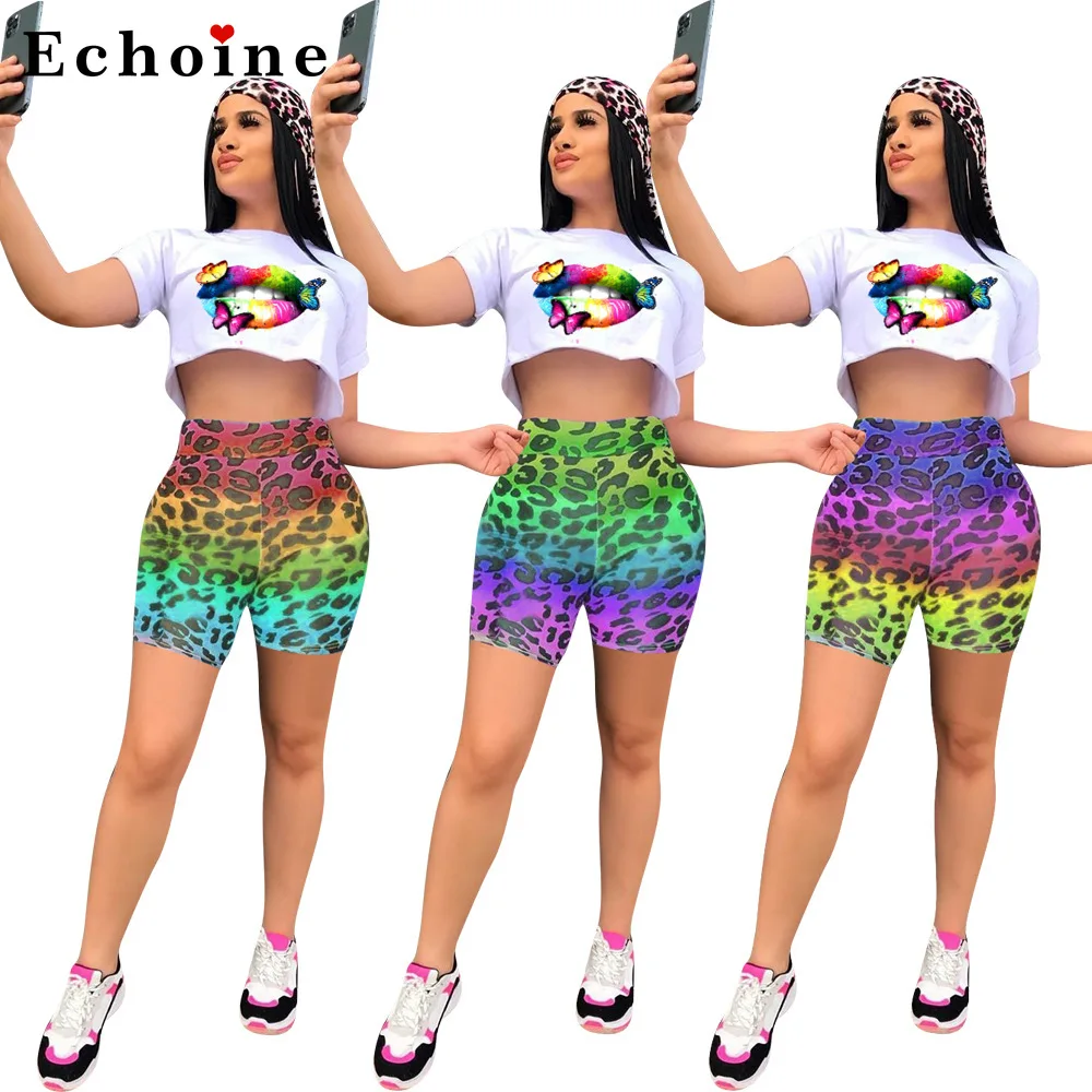 

Women's Lip Leopard Printed Casual Suit Three Colors Patchwork Crop Tops Shorts Gym Biker Fitness Active Two Piece Set Tracksuit