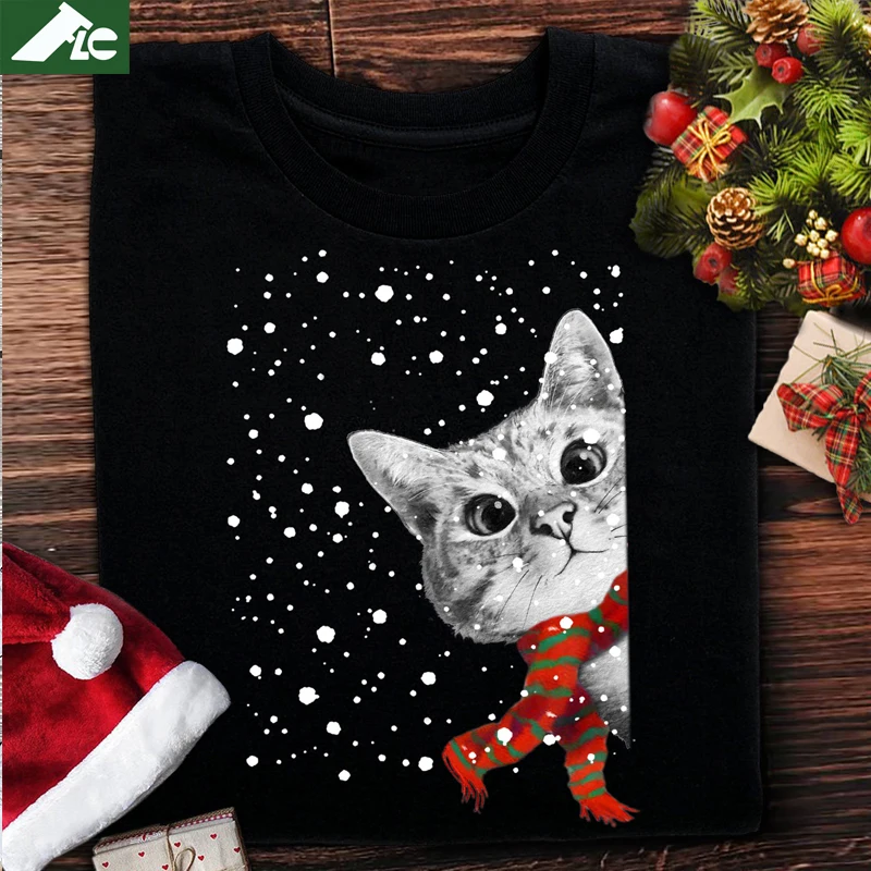 

Cute Hello Christmas Cat Graphic T Shirt Women Clothes Unisex Cotton Oversized Cat Mom Christmas Tee Shirt Vintage Femme Top
