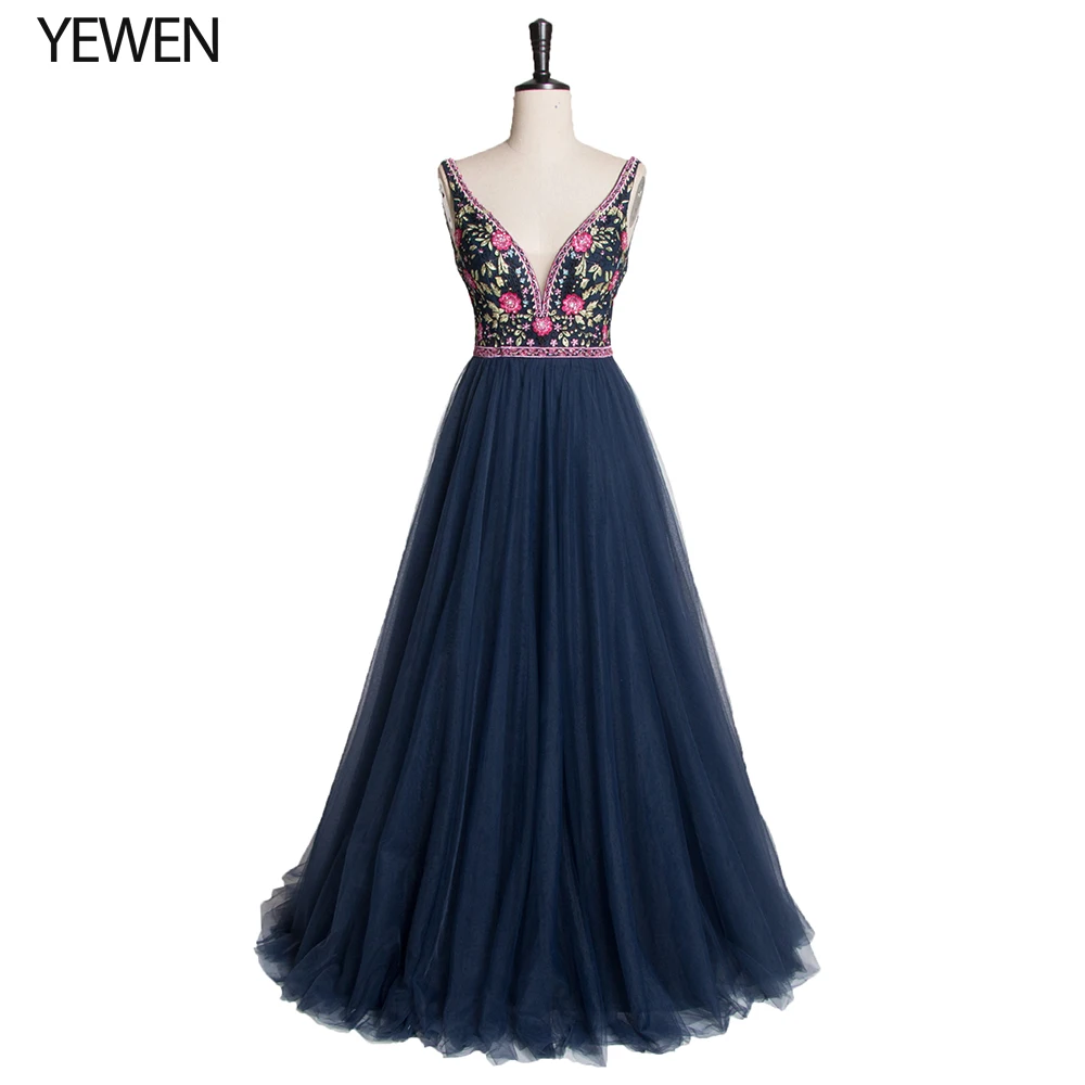Длинные Выпускные платья с вышивкой 2020 элегантные трапециевидные из тюля V